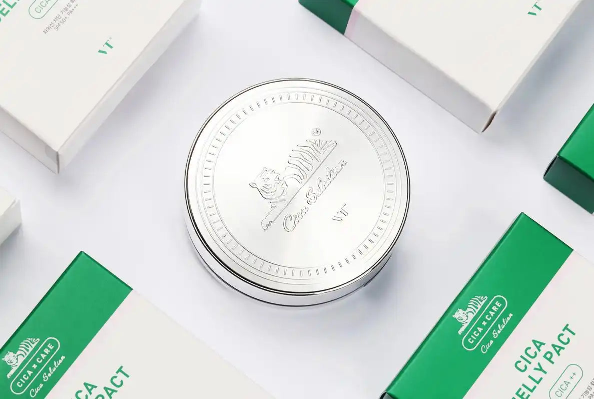 A silver compact with an embossed tiger and ’Cica Solution’ text.